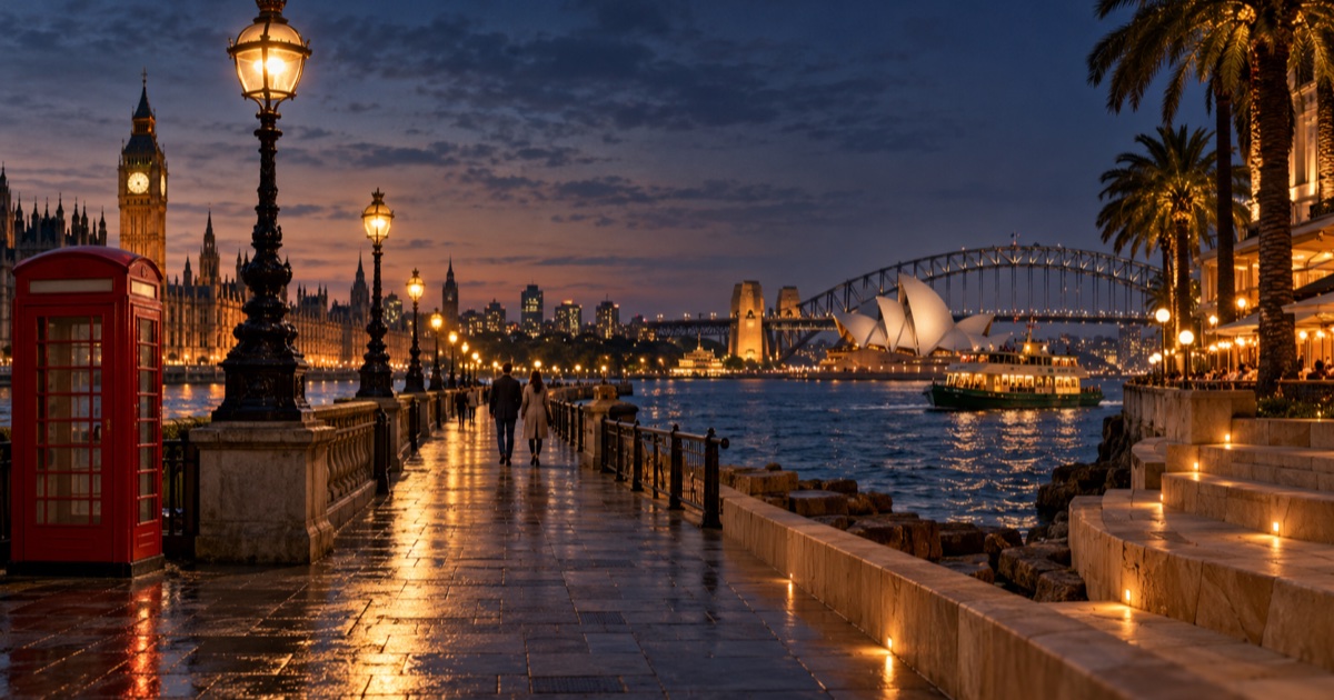 A rain-wet promenade at dusk that runs from London, with a red phone box, iron lamp posts and Big Ben, into Sydney Harbour, with the Opera House, the Harbour Bridge, a green ferry and palm trees, as two people walk away along it.