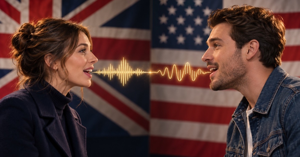 A woman in front of a Union Jack and a man in front of an American flag talking to each other, with a gold sound wave between them that changes shape halfway.