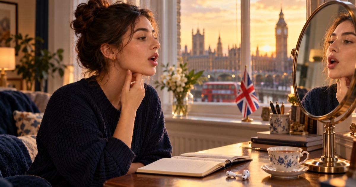 A woman practising a British accent out loud in front of a mirror, a hand on her jaw, with a small Union Jack on the windowsill and Big Ben and a red bus through the window behind her.