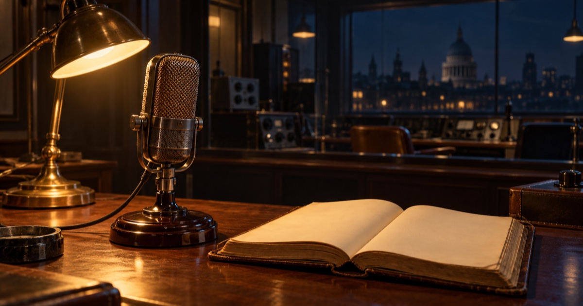 An empty 1950s radio studio at night: a vintage microphone on a polished wooden stand and a leather-bound book on the desk, lit by a brass lamp, with a city skyline in the window.