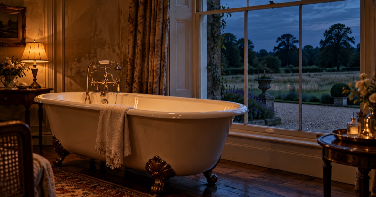 A white claw-foot bath with brass taps in a lamplit country-house bathroom at dusk, beside a tall sash window looking out on a gravel path, long grass and trees under a navy sky.