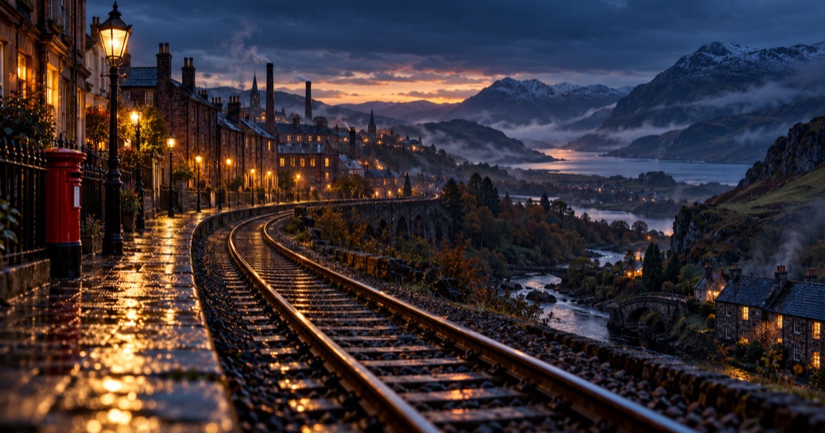 A rain-wet railway line at dusk curving past a lamplit stone terrace with a red post box and mill chimneys, out towards a river, a stone bridge, slate-roofed cottages and misty snow-capped mountains above a loch.
