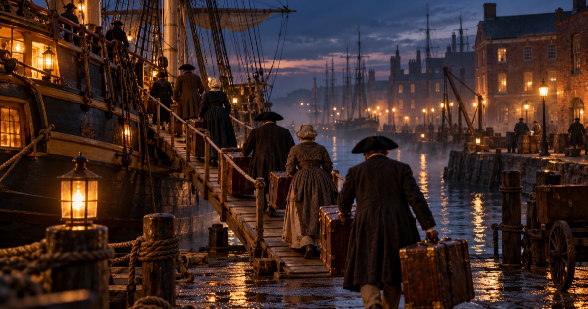 Passengers in eighteenth-century coats and bonnets carrying leather trunks up a gangplank onto a tall sailing ship at dusk, with lamplit brick warehouses and more ships along a misty harbour.